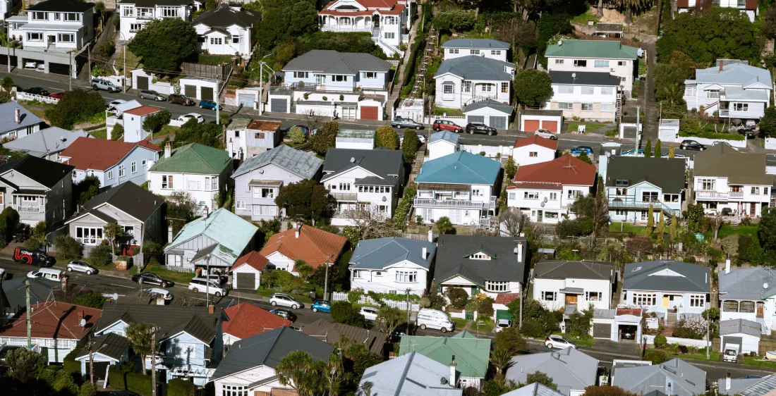 Aerial view of a suburban neighborhood of detached family homes